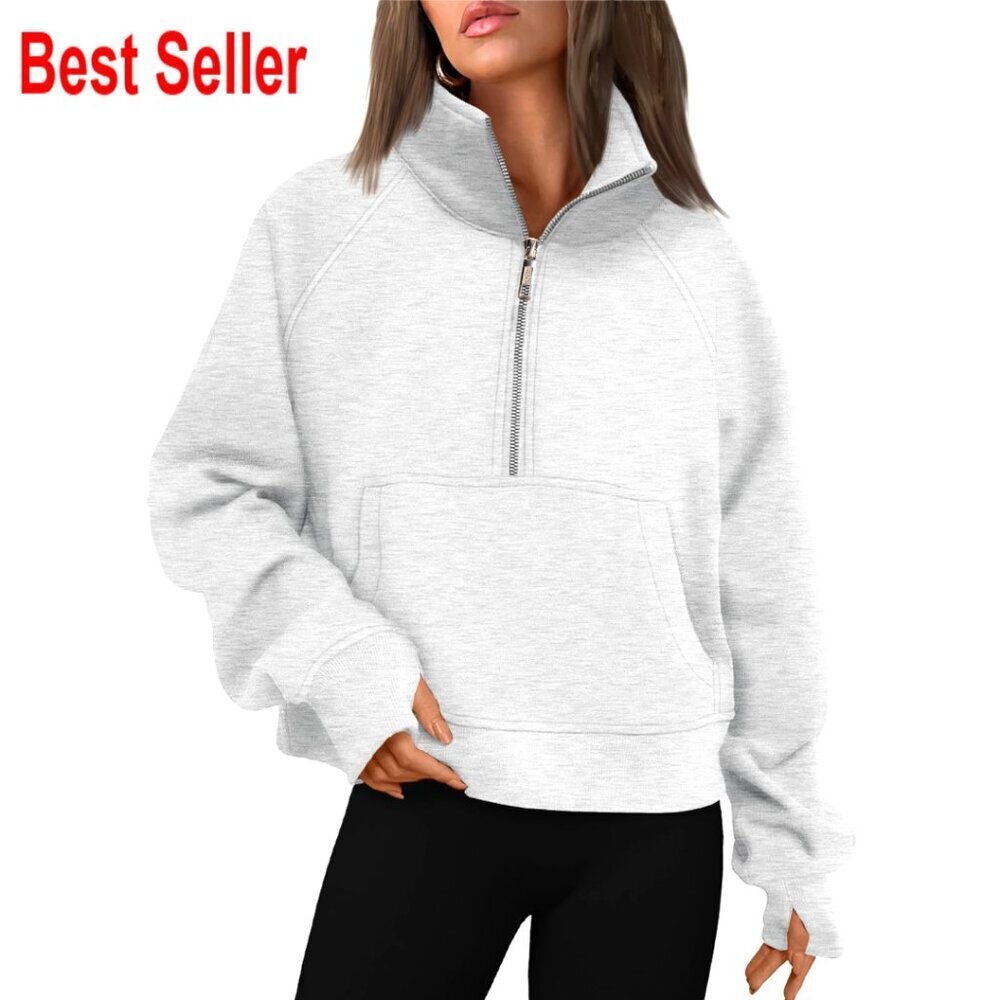 Women's Half Zip Cropped Pullover Fleece Hoodie with Thumb Holes